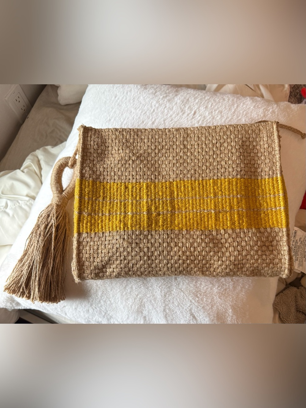 Zara Beige Woven Clutch with Yellow Stripe and Tassel